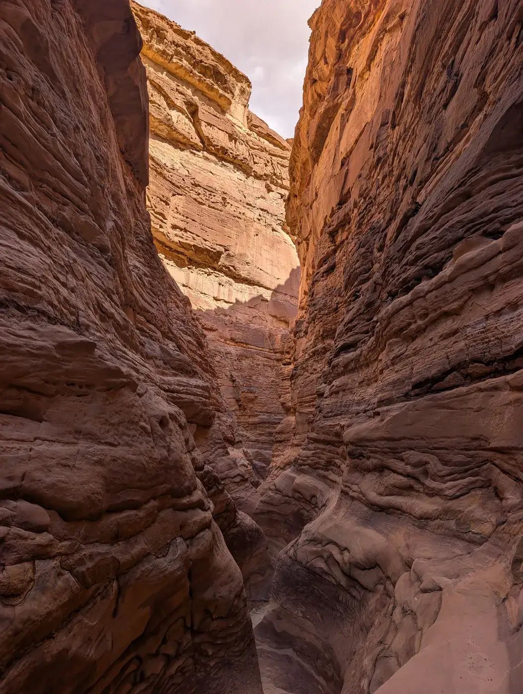Enger Slot-Canyon mit hohen, geschwungenen Sandsteinwänden im Süd-Sinai
